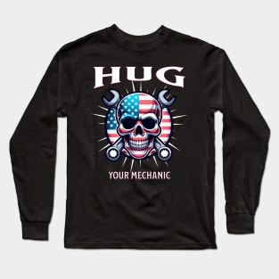 Hug Your Mechanic USA American Skull American Flag Wrench Tools Smiling Skull Face Long Sleeve T-Shirt